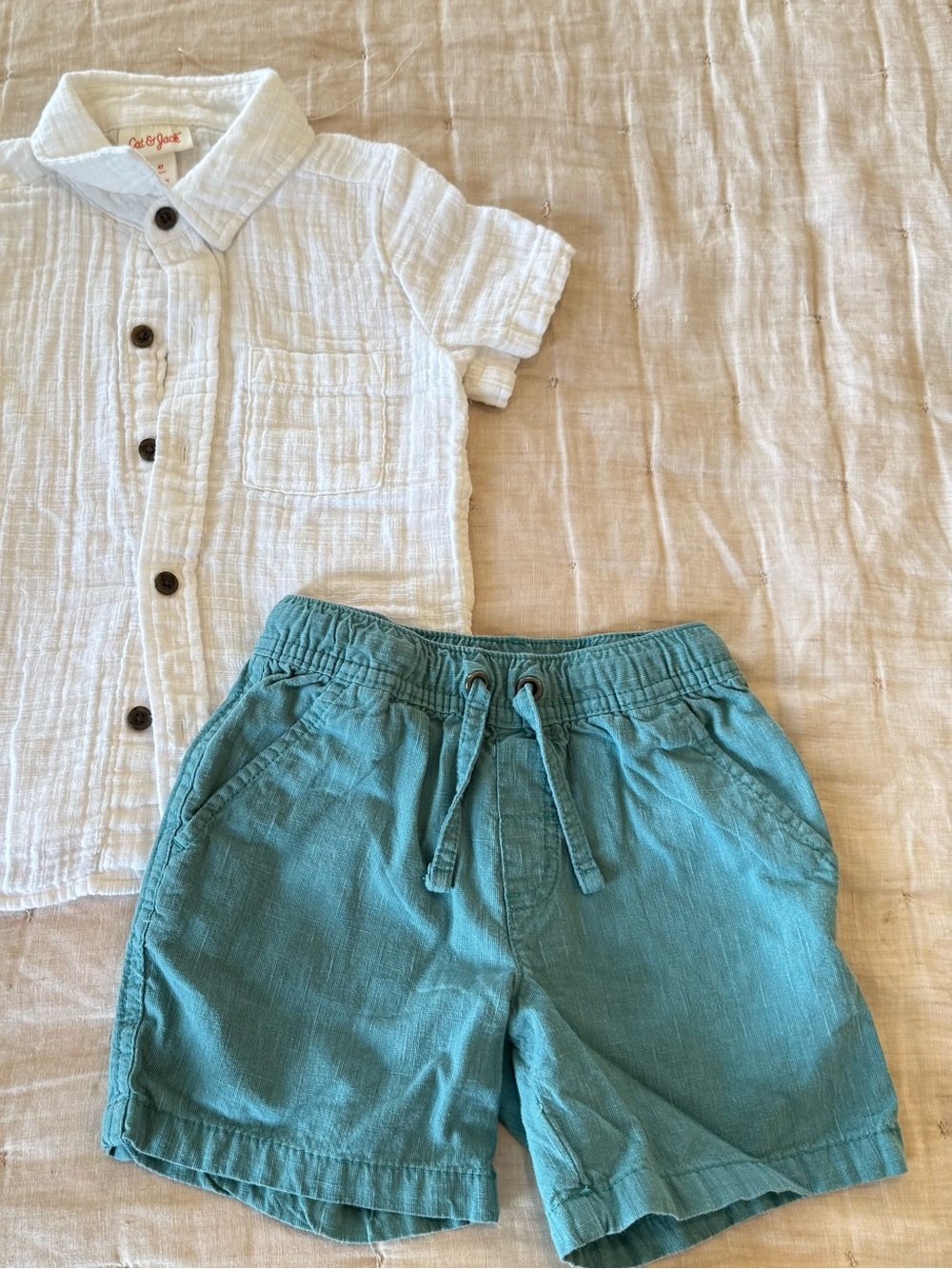 Cat & Jack White Gauze Collared Button Shirt with teal shorts
